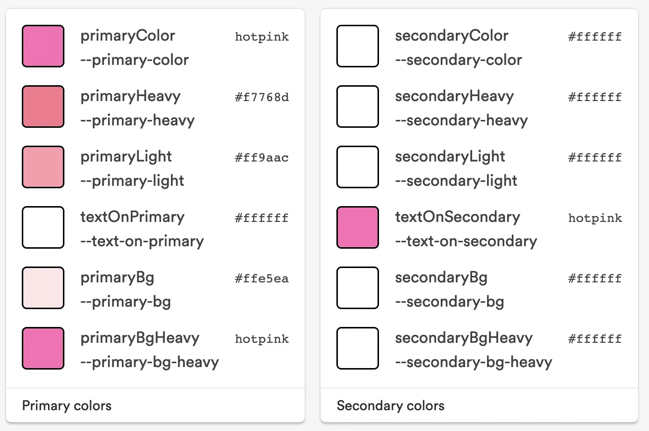 design tokens for a pink theme showing the colors and var names