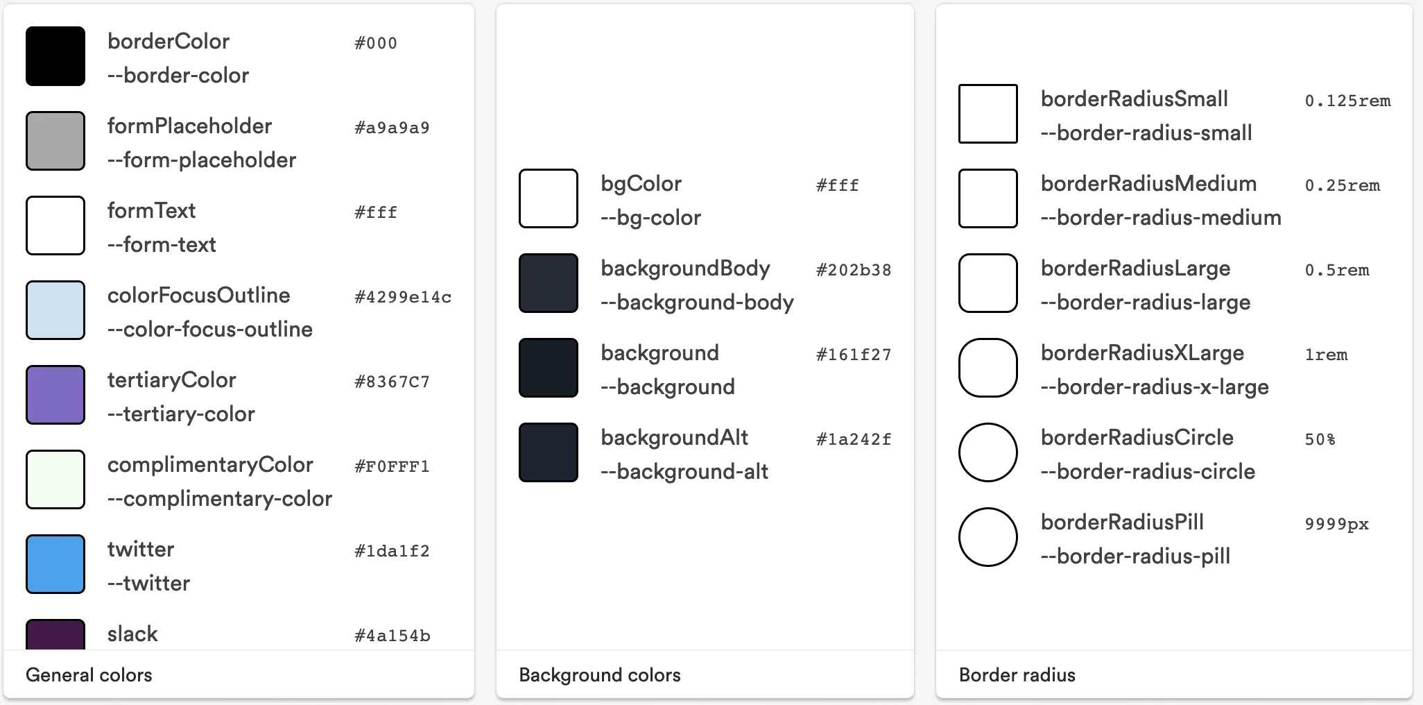 design tokens of base theme showing properties and values for colors and borer radius