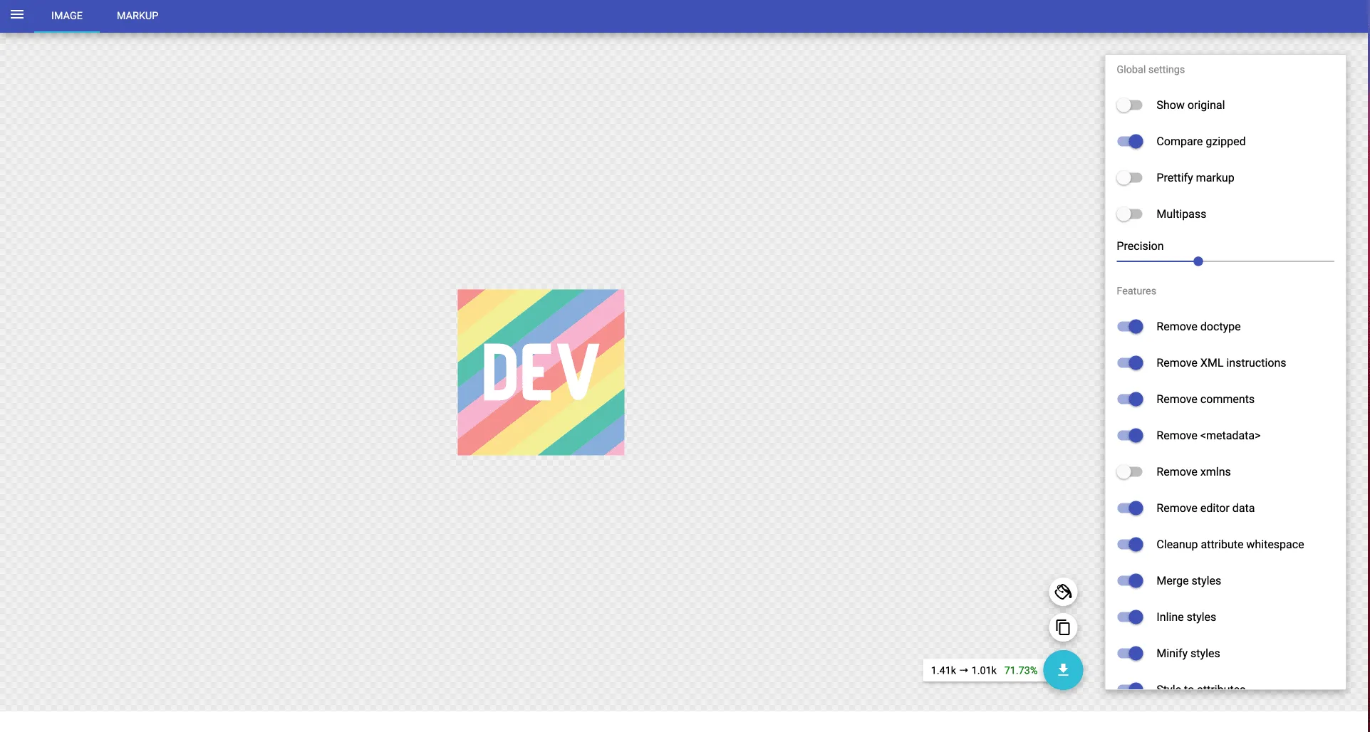 dev logo in svgomg app showing what was removed and savings in size